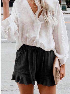 Women's Black Ruffle Hem Elastic Waist Shorts
